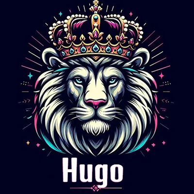 Dibujo majestuoso de león con corona enjoyada, rayos de luz detrás y nombre en la parte inferior. - Hugo