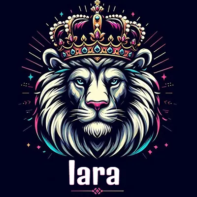 Dibujo majestuoso de león con corona enjoyada, rayos de luz detrás y nombre en la parte inferior. - Iara