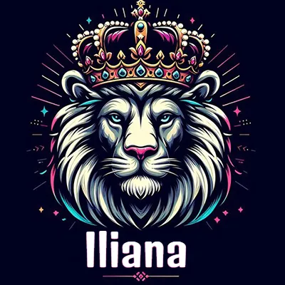 Dibujo majestuoso de león con corona enjoyada, rayos de luz detrás y nombre en la parte inferior. - Iliana