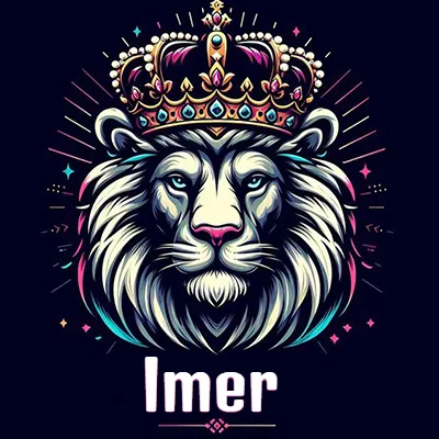 Dibujo majestuoso de león con corona enjoyada, rayos de luz detrás y nombre en la parte inferior. - Imer