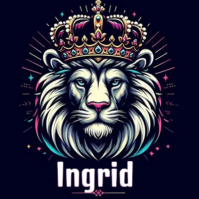 Dibujo majestuoso de león con corona enjoyada, rayos de luz detrás y nombre en la parte inferior. - Ingrid Dibujo majestuoso de león con corona enjoyada, rayos de luz detrás y nombre en la parte inferior. - Ingrid