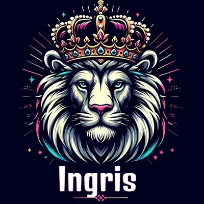 Dibujo majestuoso de león con corona enjoyada, rayos de luz detrás y nombre en la parte inferior. - Ingris Dibujo majestuoso de león con corona enjoyada, rayos de luz detrás y nombre en la parte inferior. - Ingris