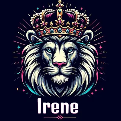 Dibujo majestuoso de león con corona enjoyada, rayos de luz detrás y nombre en la parte inferior. - Irene Dibujo majestuoso de león con corona enjoyada, rayos de luz detrás y nombre en la parte inferior. - Irene
