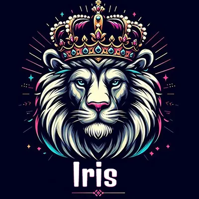 Dibujo majestuoso de león con corona enjoyada, rayos de luz detrás y nombre en la parte inferior. - Iris