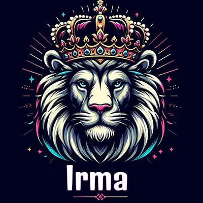 Dibujo majestuoso de león con corona enjoyada, rayos de luz detrás y nombre en la parte inferior. - Irma