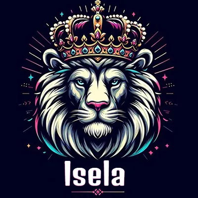 Dibujo majestuoso de león con corona enjoyada, rayos de luz detrás y nombre en la parte inferior. - Isela Dibujo majestuoso de león con corona enjoyada, rayos de luz detrás y nombre en la parte inferior. - Isela