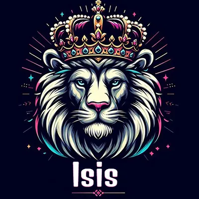 Dibujo majestuoso de león con corona enjoyada, rayos de luz detrás y nombre en la parte inferior. - Isis Dibujo majestuoso de león con corona enjoyada, rayos de luz detrás y nombre en la parte inferior. - Isis
