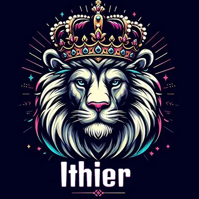 Dibujo majestuoso de león con corona enjoyada, rayos de luz detrás y nombre en la parte inferior. - Ithier Dibujo majestuoso de león con corona enjoyada, rayos de luz detrás y nombre en la parte inferior. - Ithier