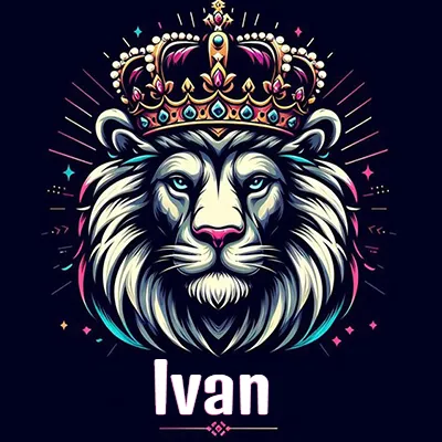 Dibujo majestuoso de león con corona enjoyada, rayos de luz detrás y nombre en la parte inferior. - Ivan Dibujo majestuoso de león con corona enjoyada, rayos de luz detrás y nombre en la parte inferior. - Ivan