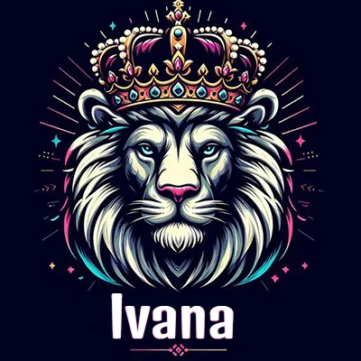 Dibujo majestuoso de león con corona enjoyada, rayos de luz detrás y nombre en la parte inferior. - Ivana