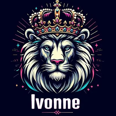 Dibujo majestuoso de león con corona enjoyada, rayos de luz detrás y nombre en la parte inferior. - Ivonne