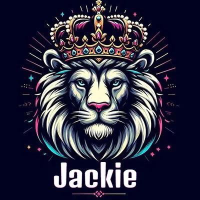 Dibujo majestuoso de león con corona enjoyada, rayos de luz detrás y nombre en la parte inferior. - Jackie