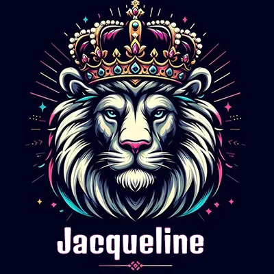 Dibujo majestuoso de león con corona enjoyada, rayos de luz detrás y nombre en la parte inferior. - Jacqueline Dibujo majestuoso de león con corona enjoyada, rayos de luz detrás y nombre en la parte inferior. - Jacqueline