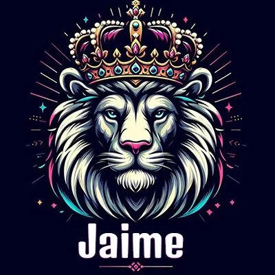 Dibujo majestuoso de león con corona enjoyada, rayos de luz detrás y nombre en la parte inferior. - Jaime