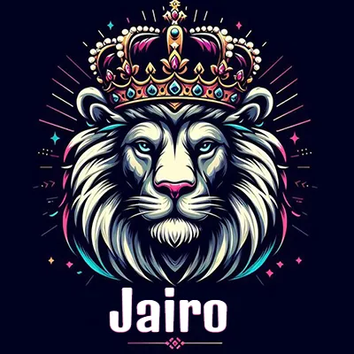 Dibujo majestuoso de león con corona enjoyada, rayos de luz detrás y nombre en la parte inferior. - Jairo
