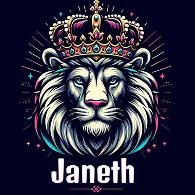 Dibujo majestuoso de león con corona enjoyada, rayos de luz detrás y nombre en la parte inferior. - Janeth