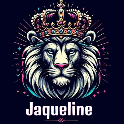 Dibujo majestuoso de león con corona enjoyada, rayos de luz detrás y nombre en la parte inferior. - Jaqueline