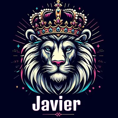 Dibujo majestuoso de león con corona enjoyada, rayos de luz detrás y nombre en la parte inferior. - Javier
