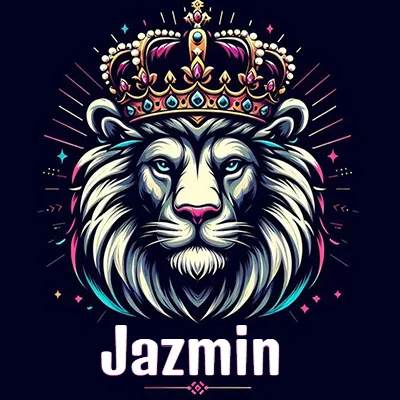 Dibujo majestuoso de león con corona enjoyada, rayos de luz detrás y nombre en la parte inferior. - Jazmin