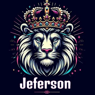 Dibujo majestuoso de león con corona enjoyada, rayos de luz detrás y nombre en la parte inferior. - Jeferson