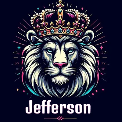 Dibujo majestuoso de león con corona enjoyada, rayos de luz detrás y nombre en la parte inferior. - Jefferson
