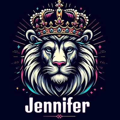 Dibujo majestuoso de león con corona enjoyada, rayos de luz detrás y nombre en la parte inferior. - Jennifer
