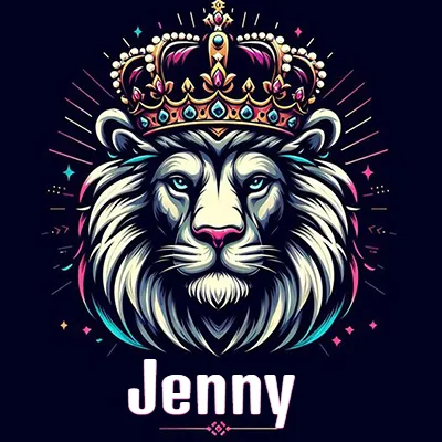 Dibujo majestuoso de león con corona enjoyada, rayos de luz detrás y nombre en la parte inferior. - Jenny