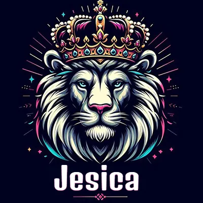 Dibujo majestuoso de león con corona enjoyada, rayos de luz detrás y nombre en la parte inferior. - Jesica