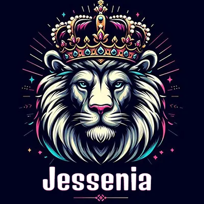 Dibujo majestuoso de león con corona enjoyada, rayos de luz detrás y nombre en la parte inferior. - Jessenia