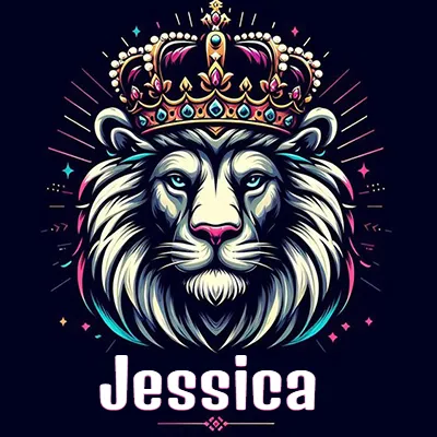 Dibujo majestuoso de león con corona enjoyada, rayos de luz detrás y nombre en la parte inferior. - Jessica