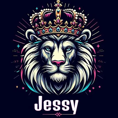 Dibujo majestuoso de león con corona enjoyada, rayos de luz detrás y nombre en la parte inferior. - Jessy