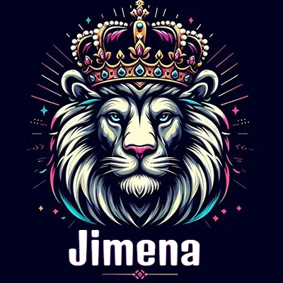 Dibujo majestuoso de león con corona enjoyada, rayos de luz detrás y nombre en la parte inferior. - Jimena