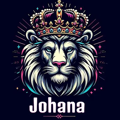 Dibujo majestuoso de león con corona enjoyada, rayos de luz detrás y nombre en la parte inferior. - Johana