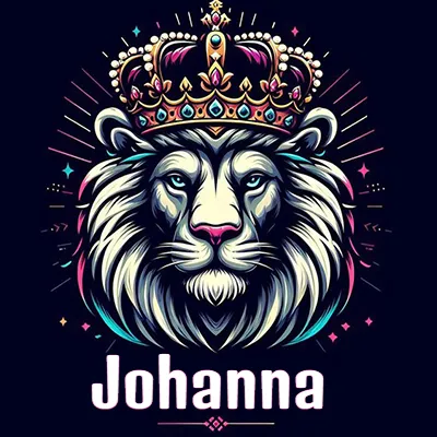 Dibujo majestuoso de león con corona enjoyada, rayos de luz detrás y nombre en la parte inferior. - Johanna