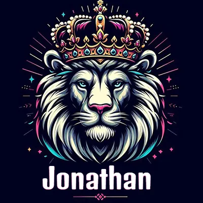 Dibujo majestuoso de león con corona enjoyada, rayos de luz detrás y nombre en la parte inferior. - Jonathan