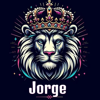 Dibujo majestuoso de león con corona enjoyada, rayos de luz detrás y nombre en la parte inferior. - Jorge