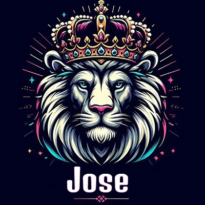 Rostro de león blanco y azul con expresiones serenas y seguras, llevando una corona real engastada con gemas púrpuras y perlas, con un fondo de líneas de luz coloridas que asemejan estrellas. El nombre Jose está escrito en una tipografía vertical simple debajo de la barbilla del león en el centro de la imagen.