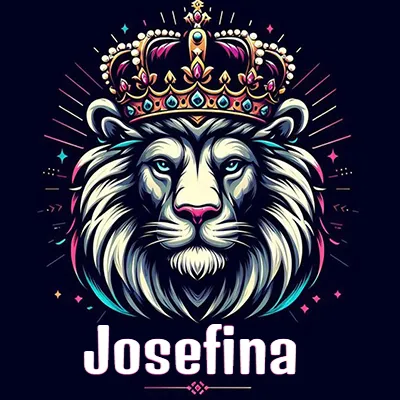 Dibujo majestuoso de león con corona enjoyada, rayos de luz detrás y nombre en la parte inferior. - Josefina