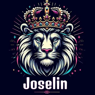 Dibujo majestuoso de león con corona enjoyada, rayos de luz detrás y nombre en la parte inferior. - Joselin