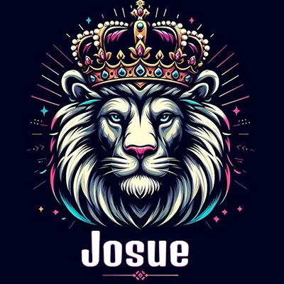 Dibujo majestuoso de león con corona enjoyada, rayos de luz detrás y nombre en la parte inferior. - Josue