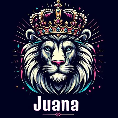 Dibujo majestuoso de león con corona enjoyada, rayos de luz detrás y nombre en la parte inferior. - Juan