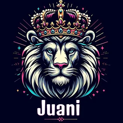 Dibujo majestuoso de león con corona enjoyada, rayos de luz detrás y nombre en la parte inferior. - Juani Dibujo majestuoso de león con corona enjoyada, rayos de luz detrás y nombre en la parte inferior. - Juani