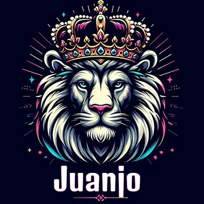 Dibujo majestuoso de león con corona enjoyada, rayos de luz detrás y nombre en la parte inferior. - Juanjo Dibujo majestuoso de león con corona enjoyada, rayos de luz detrás y nombre en la parte inferior. - Juanjo