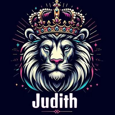 Dibujo majestuoso de león con corona enjoyada, rayos de luz detrás y nombre en la parte inferior. - Judith Dibujo majestuoso de león con corona enjoyada, rayos de luz detrás y nombre en la parte inferior. - Judith