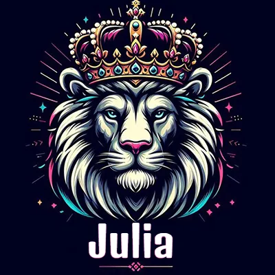 Dibujo majestuoso de león con corona enjoyada, rayos de luz detrás y nombre en la parte inferior. - Julia Dibujo majestuoso de león con corona enjoyada, rayos de luz detrás y nombre en la parte inferior. - Julia