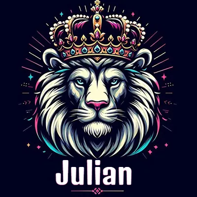 Rostro de león blanco y azul con expresiones serenas y seguras, llevando una corona real engastada con gemas púrpuras y perlas, con un fondo de líneas de luz coloridas que asemejan estrellas. El nombre Julian está escrito en una tipografía vertical simple debajo de la barbilla del león en el centro de la imagen.