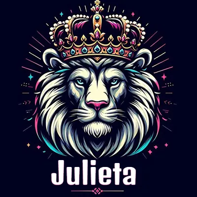 Dibujo majestuoso de león con corona enjoyada, rayos de luz detrás y nombre en la parte inferior. - Julieta