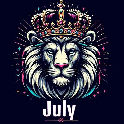 Dibujo majestuoso de león con corona enjoyada, rayos de luz detrás y nombre en la parte inferior. - July