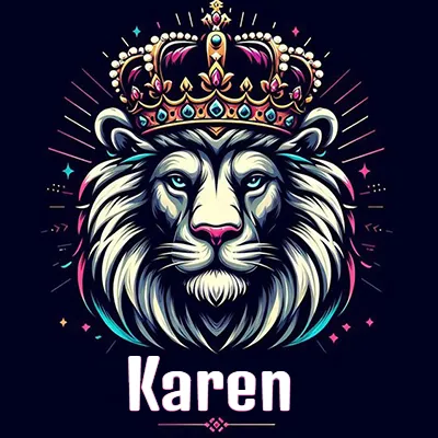 Dibujo majestuoso de león con corona enjoyada, rayos de luz detrás y nombre en la parte inferior. - Karen