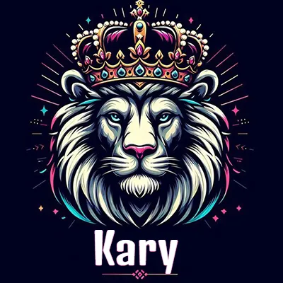 Dibujo majestuoso de león con corona enjoyada, rayos de luz detrás y nombre en la parte inferior. - Kary